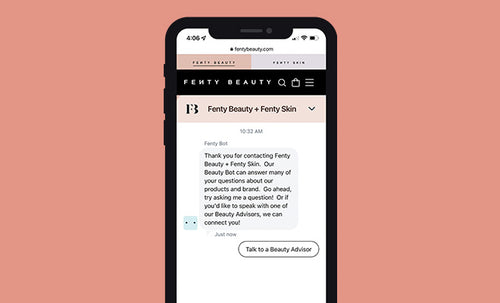 Screenshot of iphone with a live chat with Fenty Beauty and Skin customer service. Screenshot of iphone with a live chat with Fenty Beauty and Skin customer service.