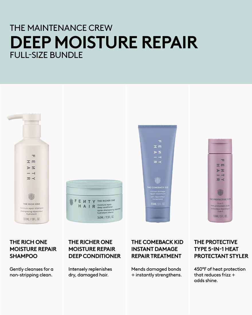 Fenty Hair Deep Moisture Repair Full-Size Bundle includes shampoo, deep conditioner, hair treatment, and a heat protectant hair styler.